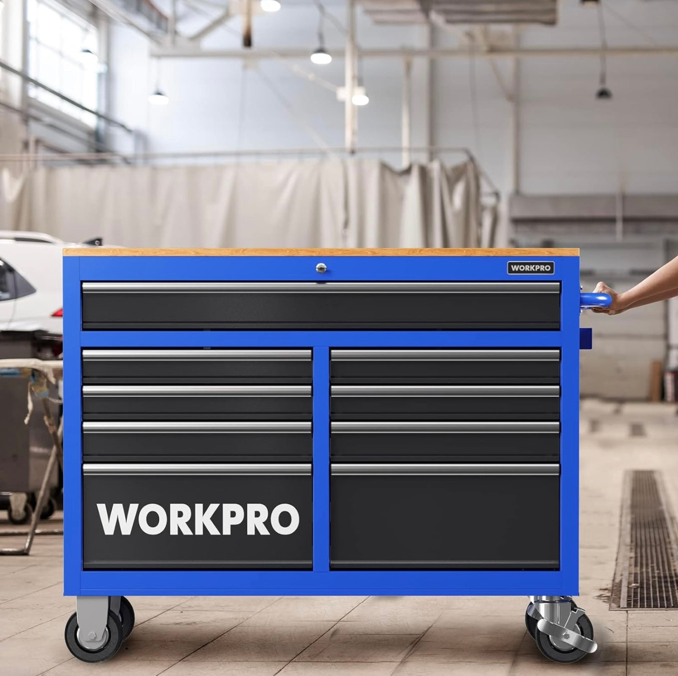 WORKPRO 46” 9-Drawers Rolling Tool Chest w/ Wooden Top, Casters, Handle, Drawer Liner, and Locking System, 1200 lbs Load Capacity