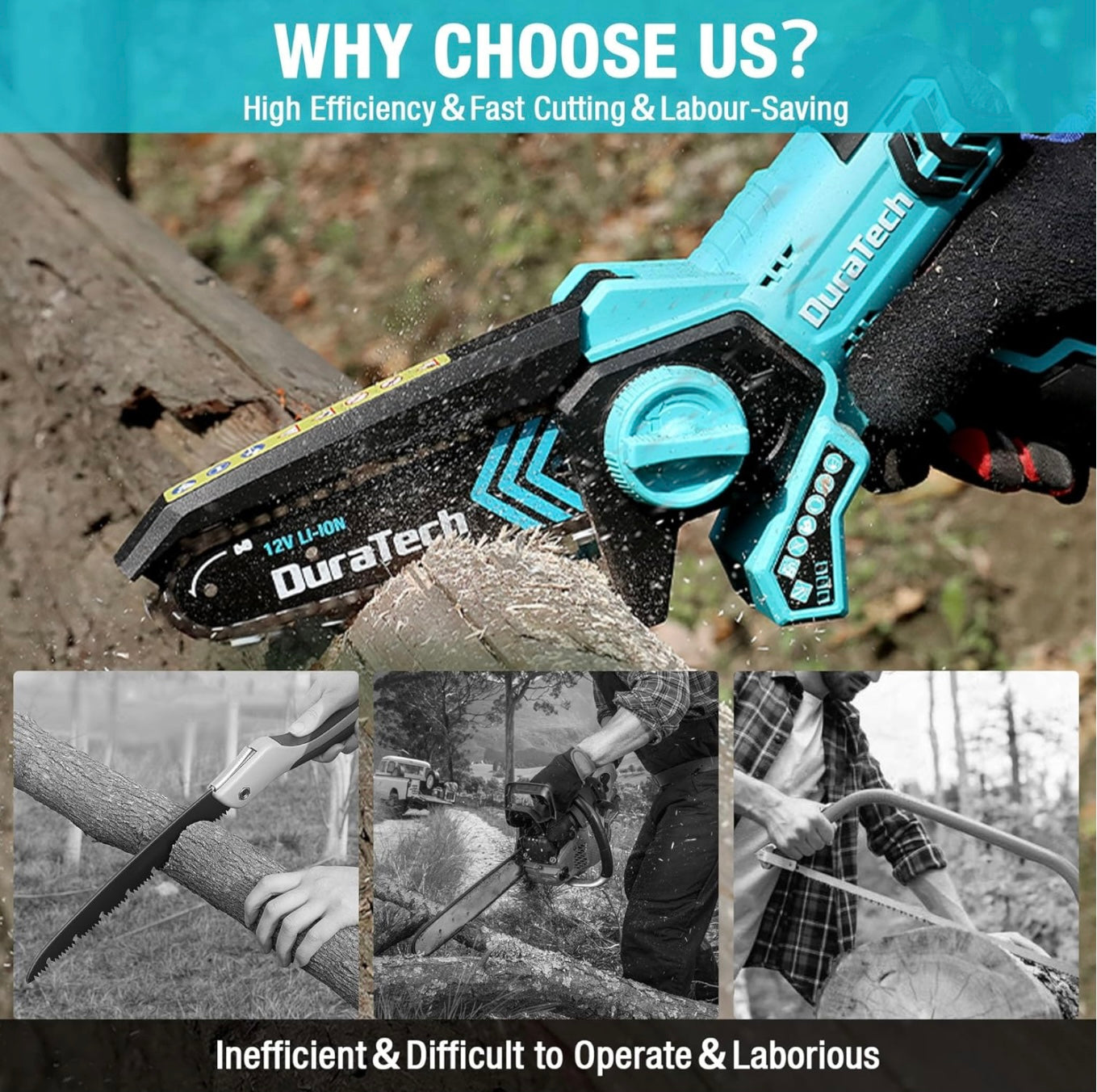 DURATECH 12V 6” Electric Cordless Chainsaw w/ 2 Batteries, 2 Chains