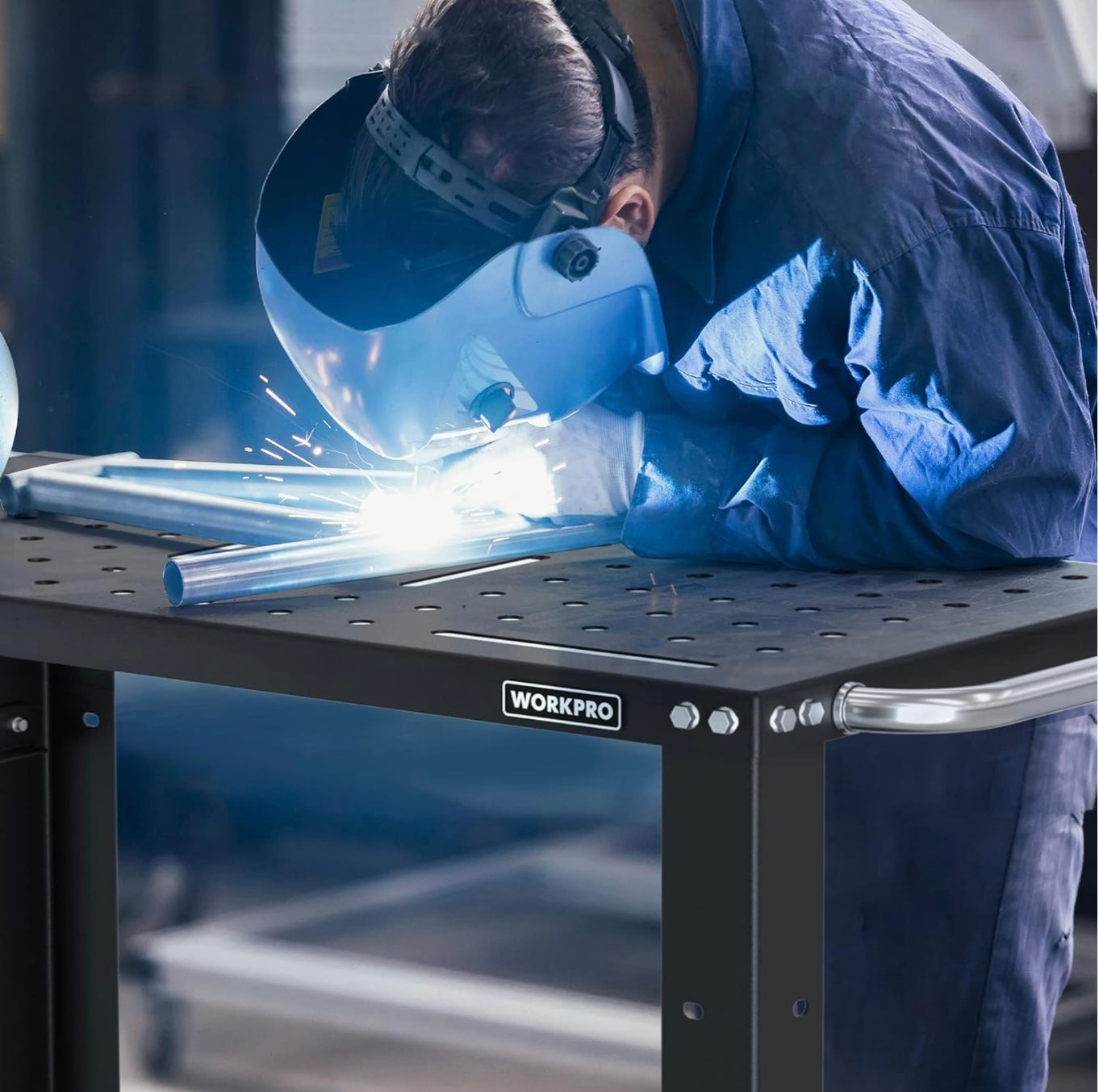 WORKPRO 36”×18” Welding Table w/ Nitriding Tabletop, 5/8" Holes on Top, Casters with Brakes, 1200lbs Load Capacity