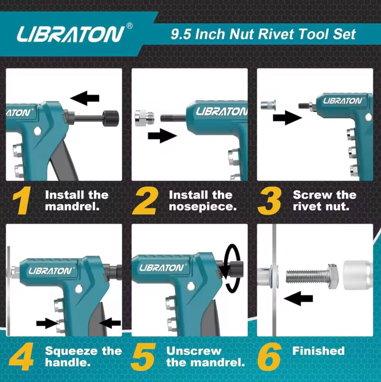 LIBRATON 9.5” One-Handed Rivet Nut Tool Set w/ 4 Interchangeable Mandrels