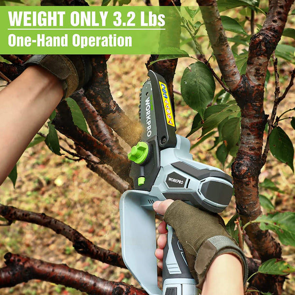WORKPRO 6.3“ Cordless Electric Compact Chain Saw w/ 2 Batteries, Replacement Guide Bar, & Chain