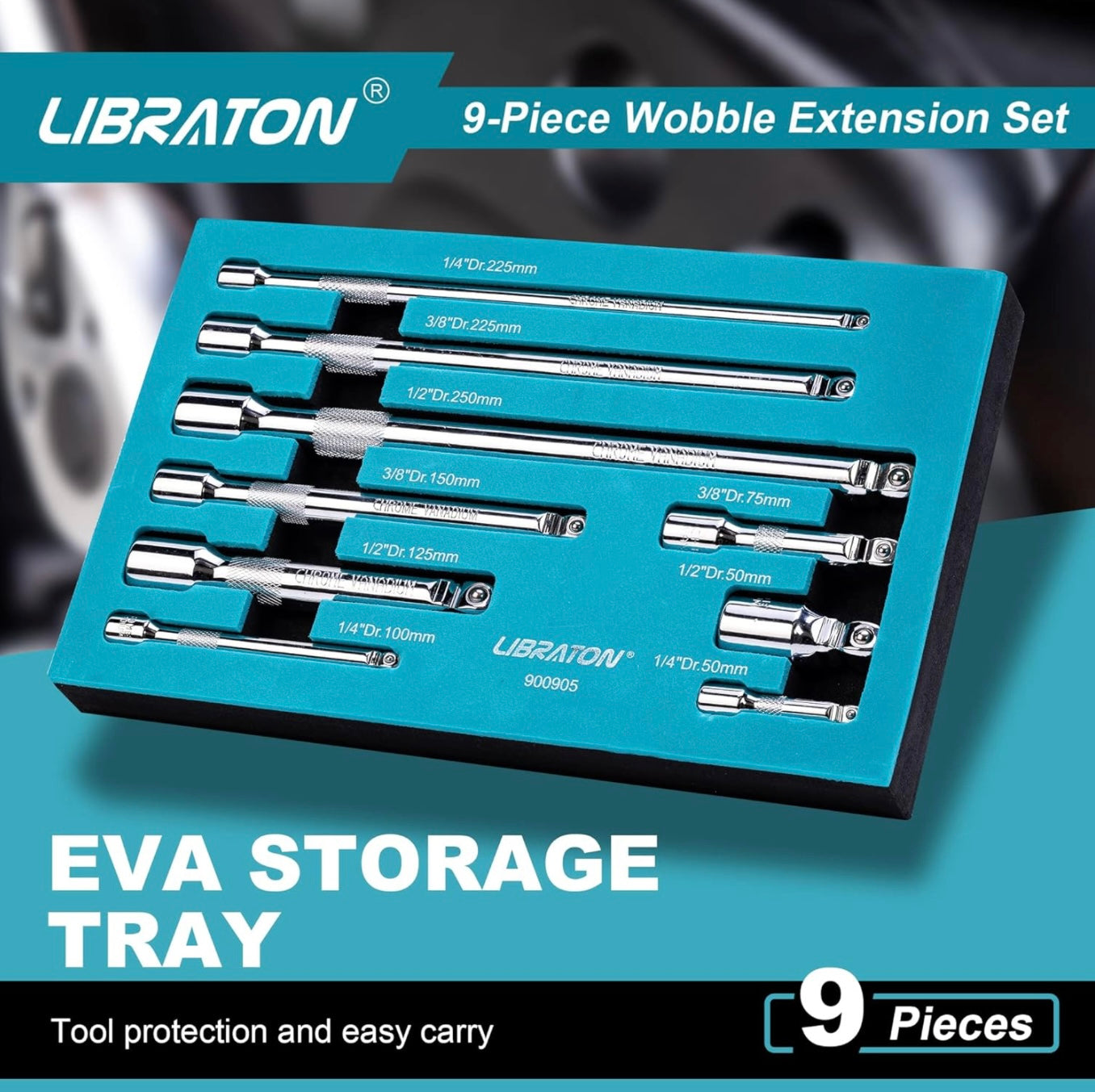 LIBRATON 9PC Wobble Extension Set w/ EVA Storage Tray - 1/4'', 3/8'', 1/2''