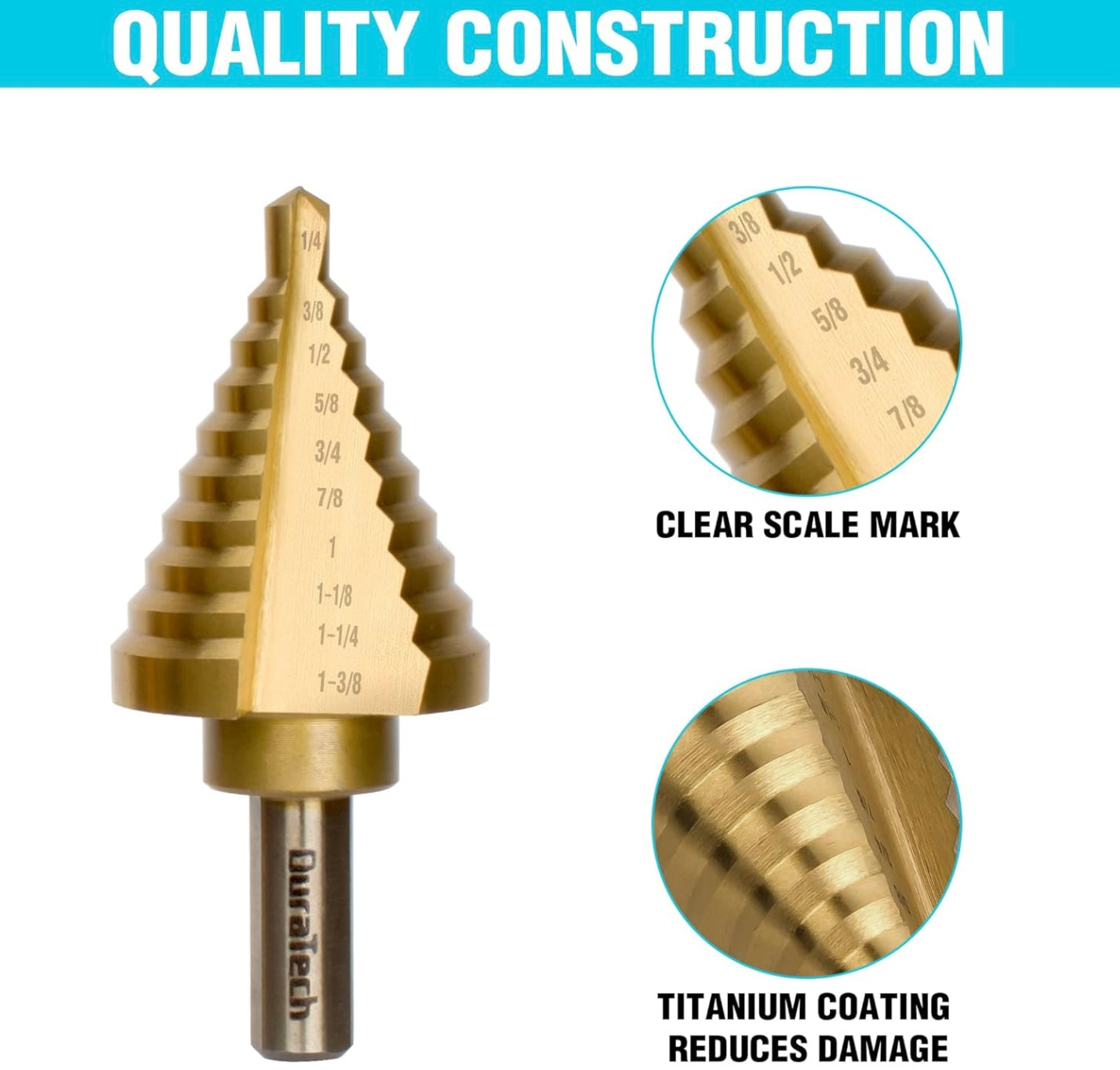 DURATECH 6-Piece Step Drill Bit Set with Automatic Center Punch, 50 Sizes in 5 High Speed Steel, Titanium Coated, Double Flute Cutting Blades Step Drill Bits for Metal, with Storage Case