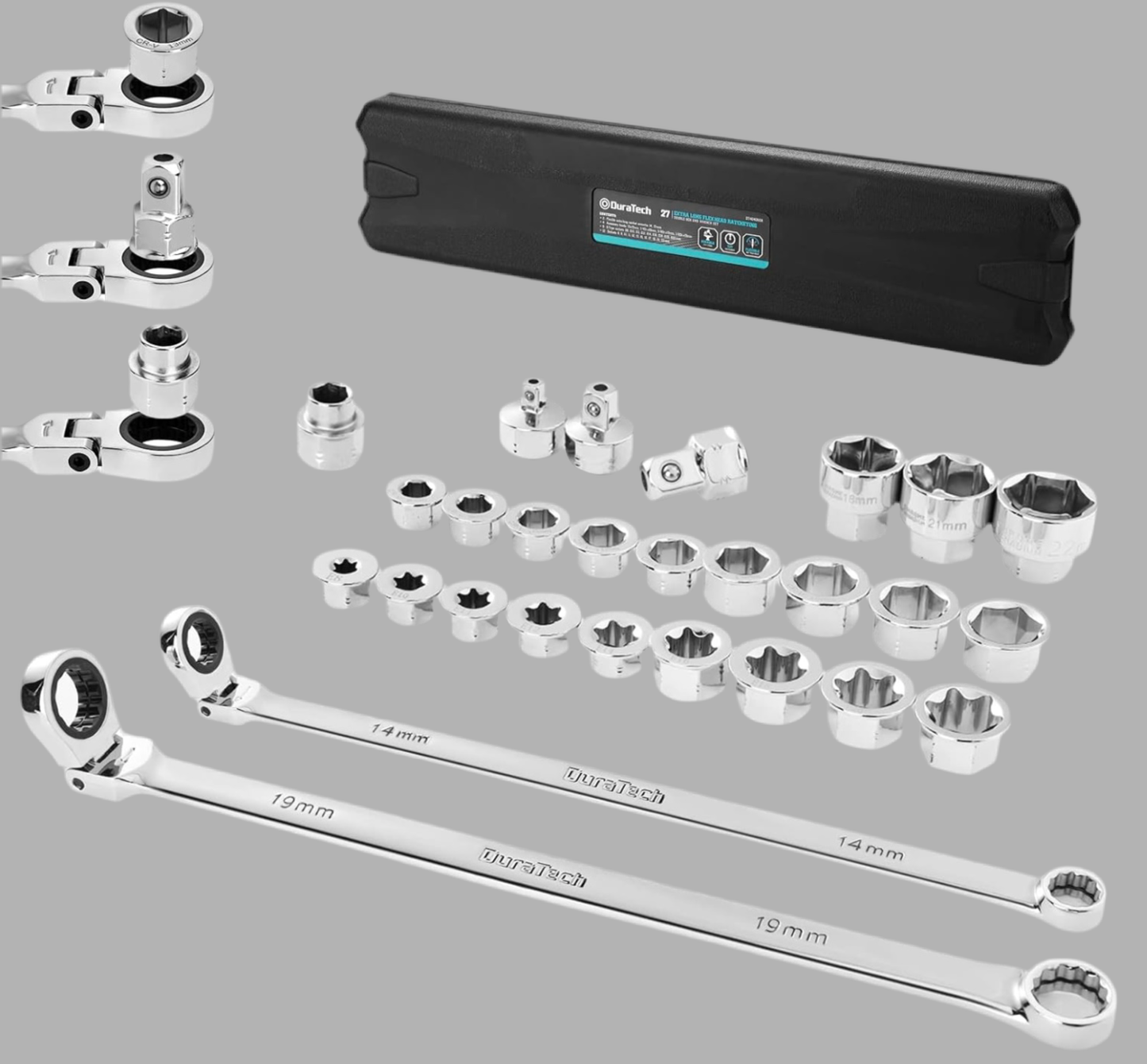 DURATECH 27PC Extra Long Flex Head Double Box End Ratcheting Wrench Set w/ Replacement Heads, Adapers