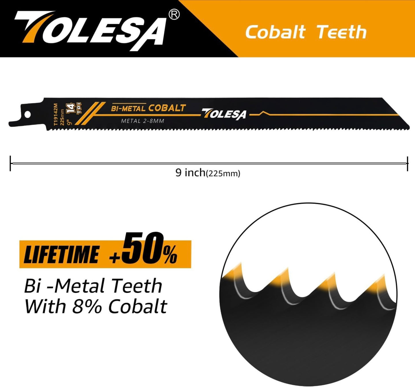 TOLESA 5PC 6”/9” Metal 2-8mm 14TPI Bi-Metal Cobalt Reciprocating Saw Blades