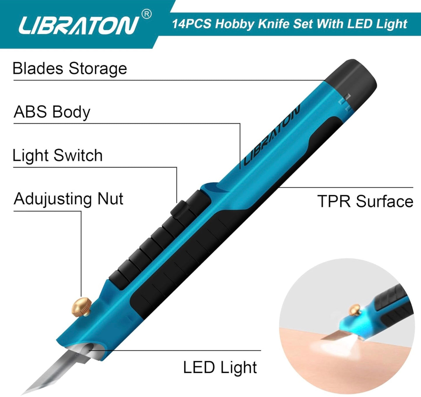LIBRATON 14PC Hobby Knife w/ LED Light, Refill Blades