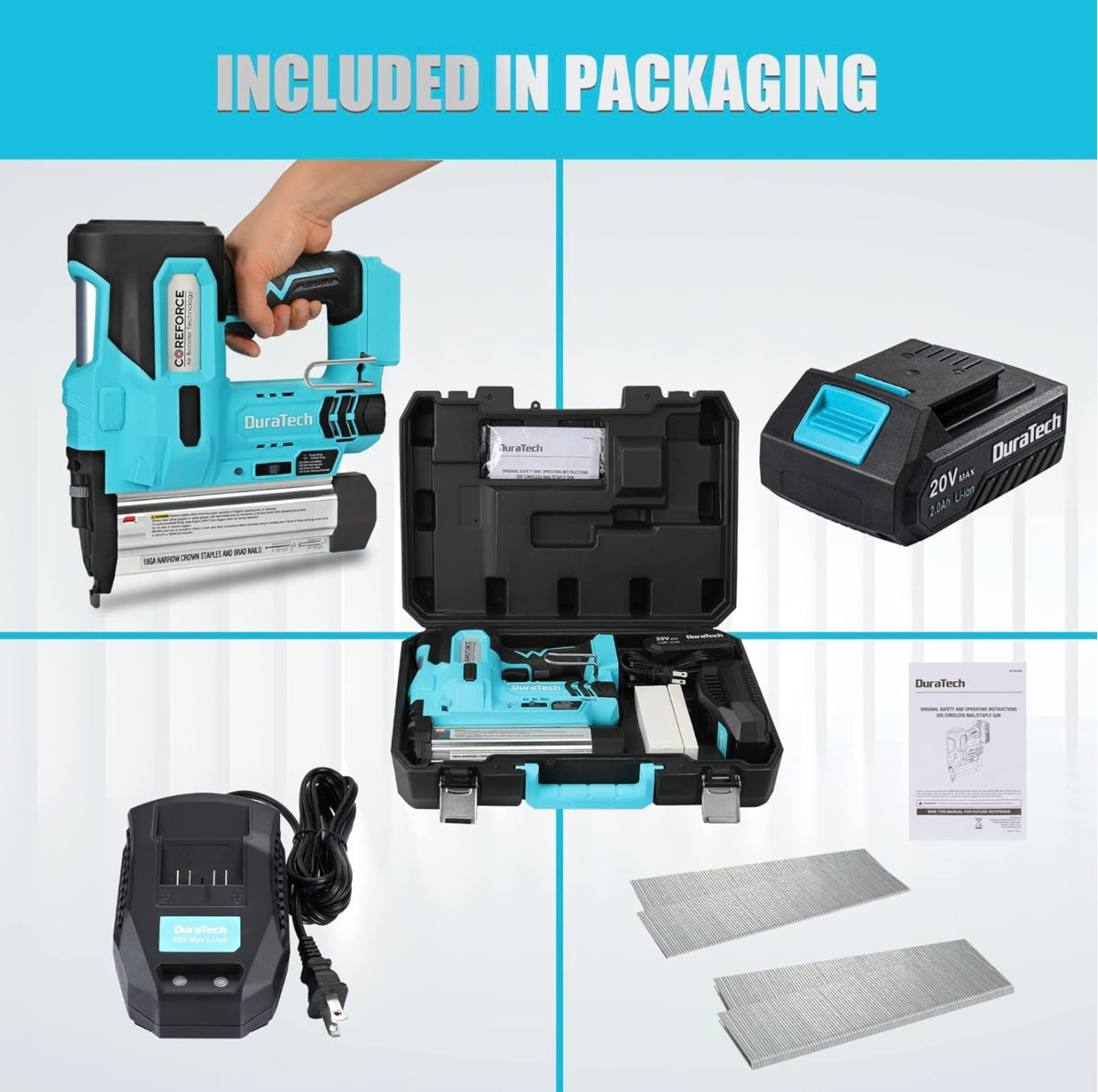 DURATECH 20V 2-in-1 Cordless Brad Nailer w/ 2.0Ah Rechargeable Battery, 1H Quick Charger, 1000 Staples, 1000 Nails, Carrying Case