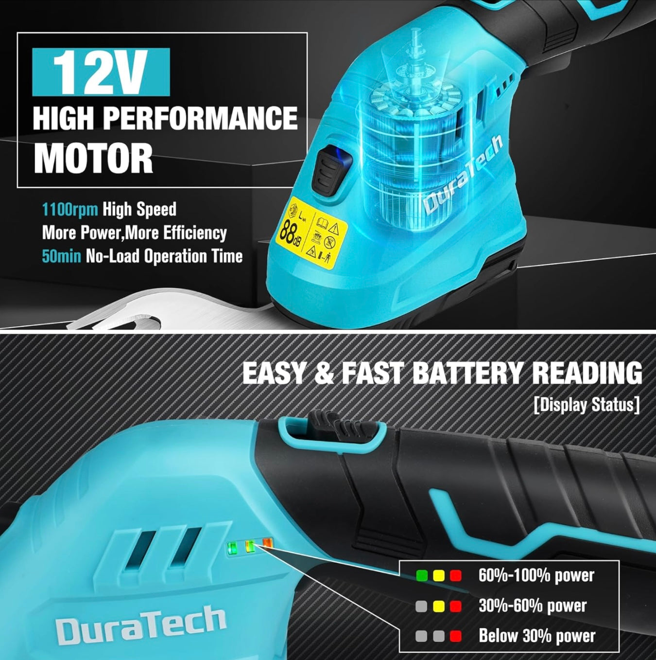 DURATECH 12V 2-in-1 Cordless Hedge Trimmer w/ 2.0Ah Li-Ion Battery, Charger & Storage Bag