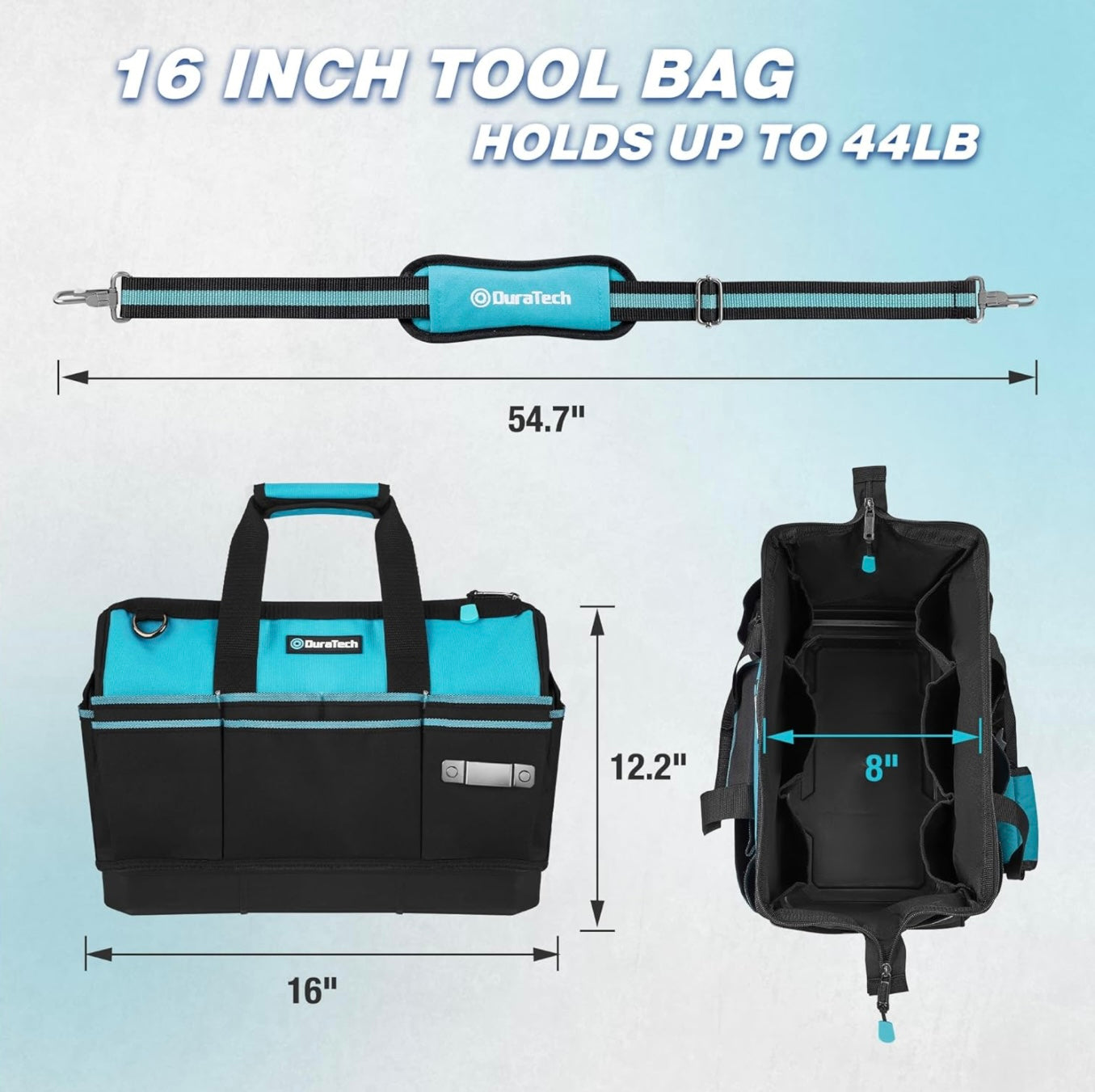 DURATECH 16” Heavy Duty Tool Bag w/ 18 Pockets, Waterproof Hard Bottom