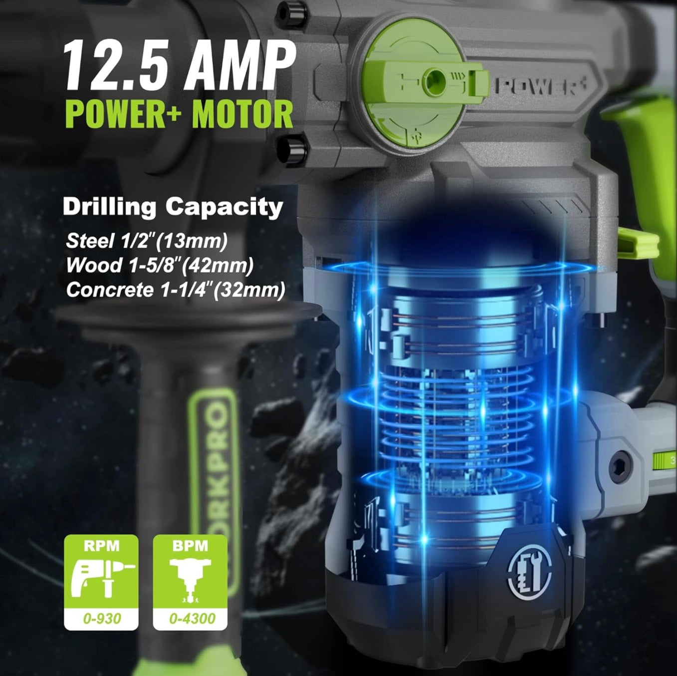 WORKPRO Heavy-Duty 12.5AMP Premium 1-1/4” SDS-Plus Rotary Hammer Drill