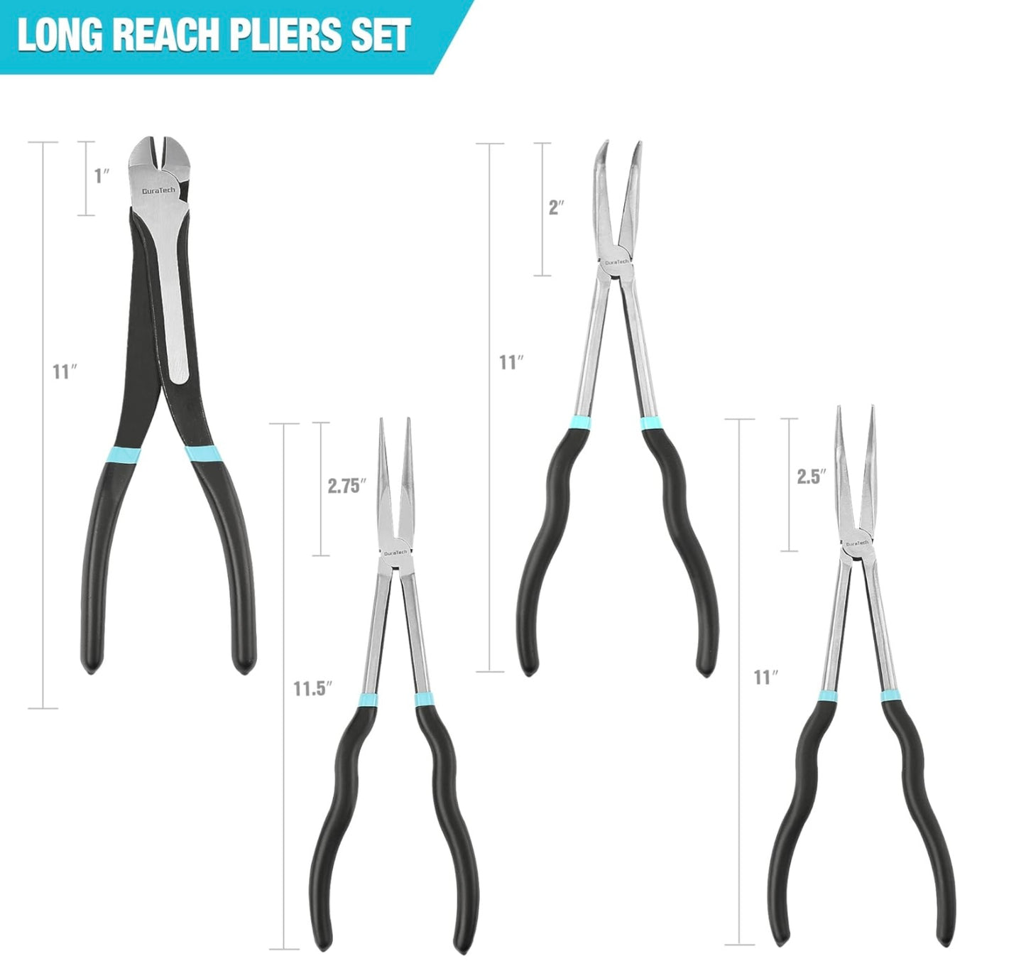 DURATECH 4PC Extra Long Needle Nose Pliers Set, 11" Long Reach Straight Pliers, 90° Bent Nose Pliers, 45° Bent Nose Pliers, 11” Diagonal Pliers w/ Portable Rolling Pouch