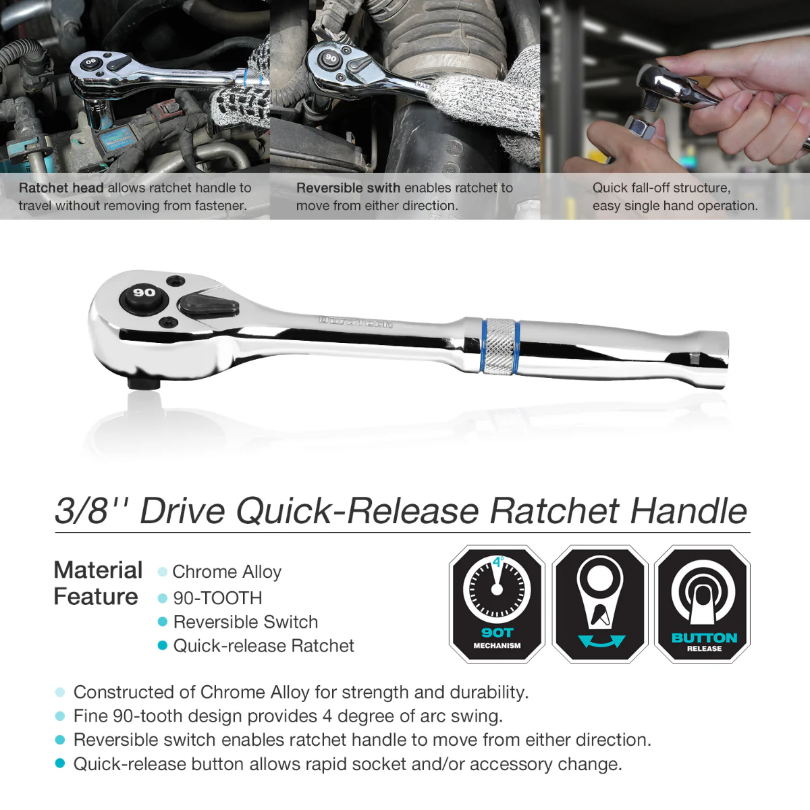 DURATECH 3/8” Drive 90 Tooth Quick-Release Ratchet Wrench