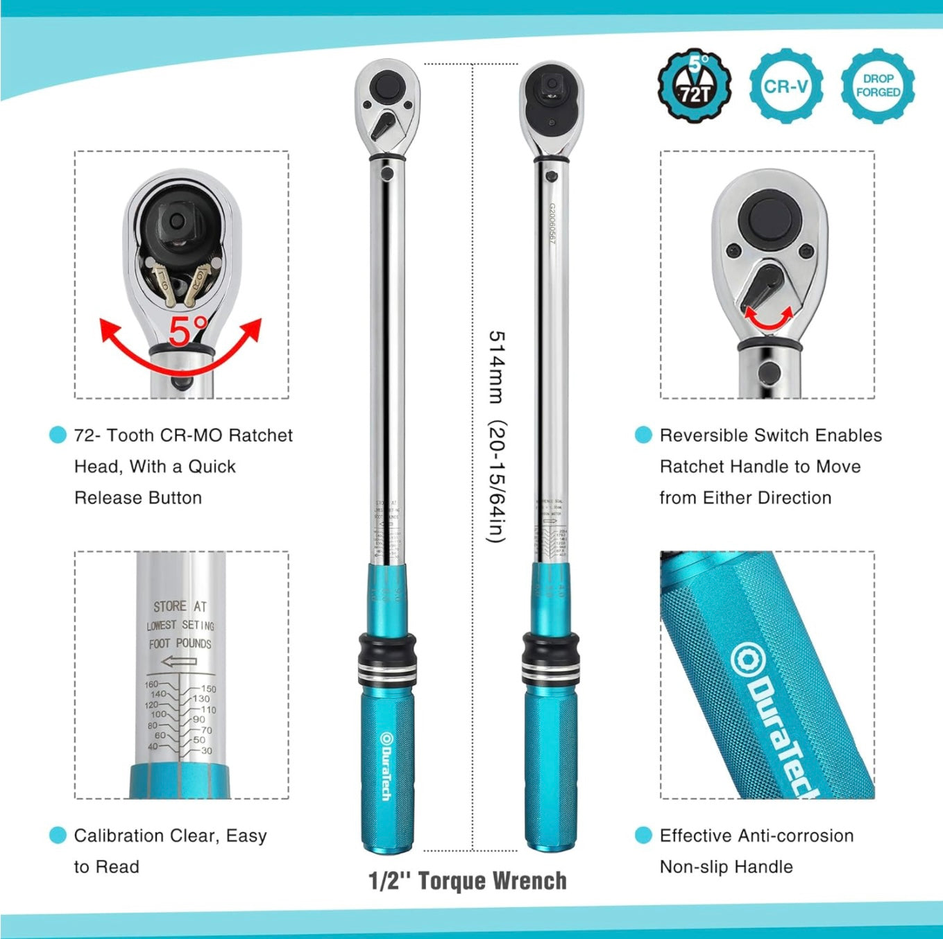 DURATECH 1/2-Inch Drive Click Torque Wrench, 30-160 Ft-lb, w/ Socket Adapter, Extensions Bar, Storage Case