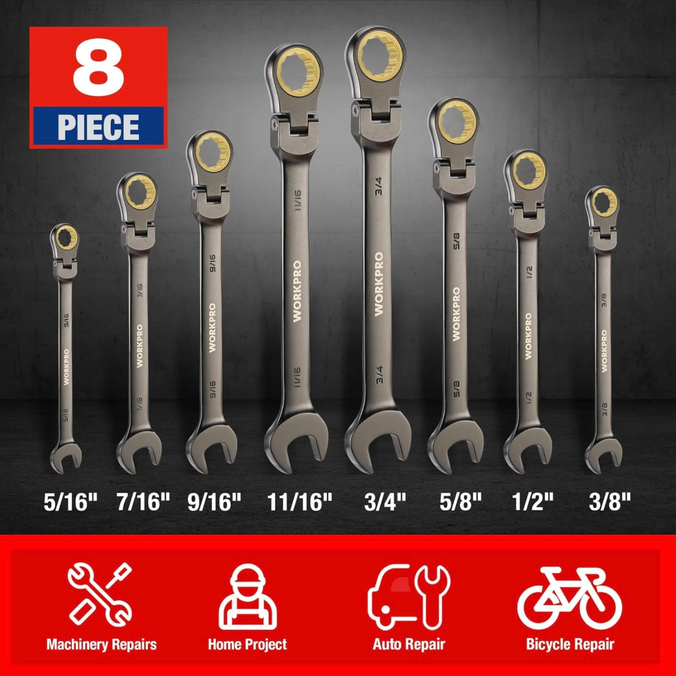 WORKPRO 8-piece Flex-Head Ratcheting Combination Wrench Set w/ Organizer Bag, SAE 5/16-3/4 in