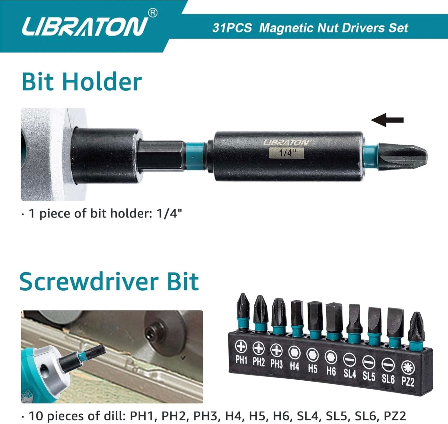 Libraton 31PCS Magnetic Nut Driver/ Impact Drill Driver Bit Set - Metric and SAE w/ Impact Socket Adapters, Bit Holder, Quick-release Extensions, Storage Bag