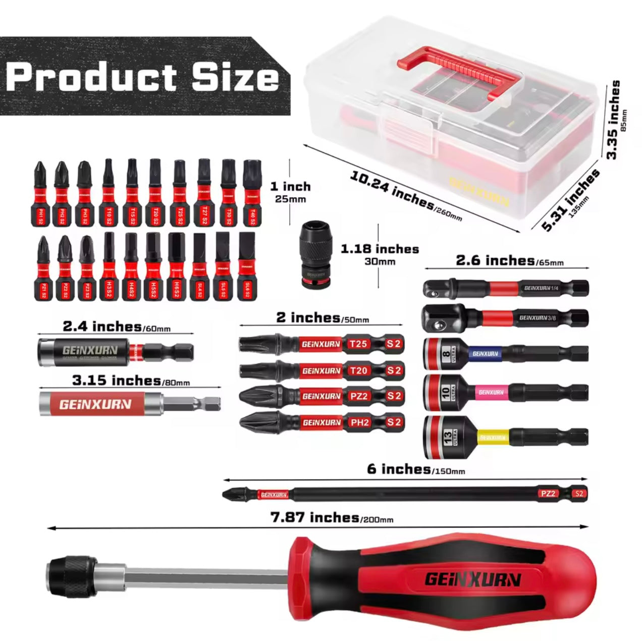 GEINXURN 42PC Impact Bit Set w/ Socket Adapters, Nut Drivers, Screwdriver Handle, Bit Holders