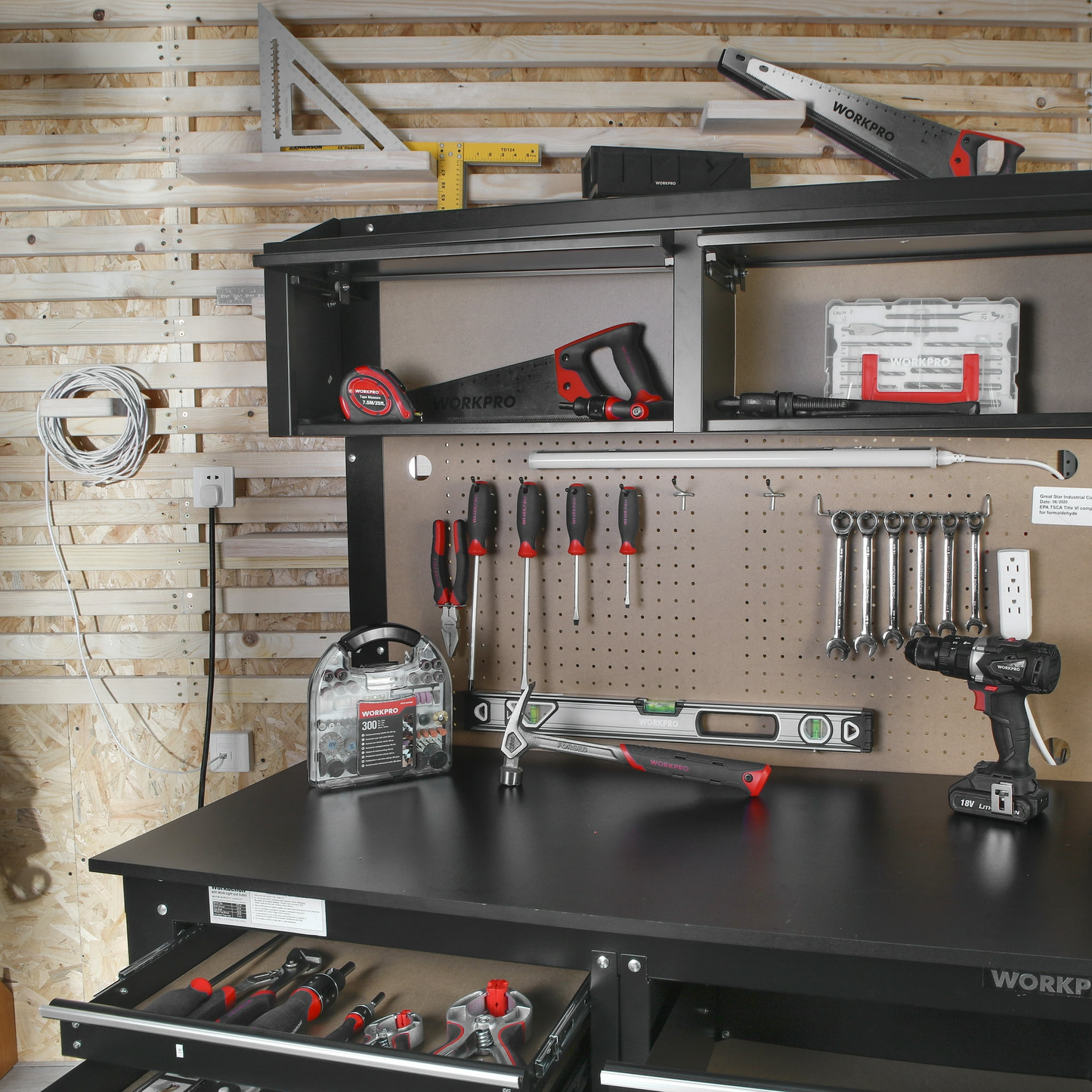 WORKPRO 2-in-1 48” Workbench and Cabinet Combo w/ Light