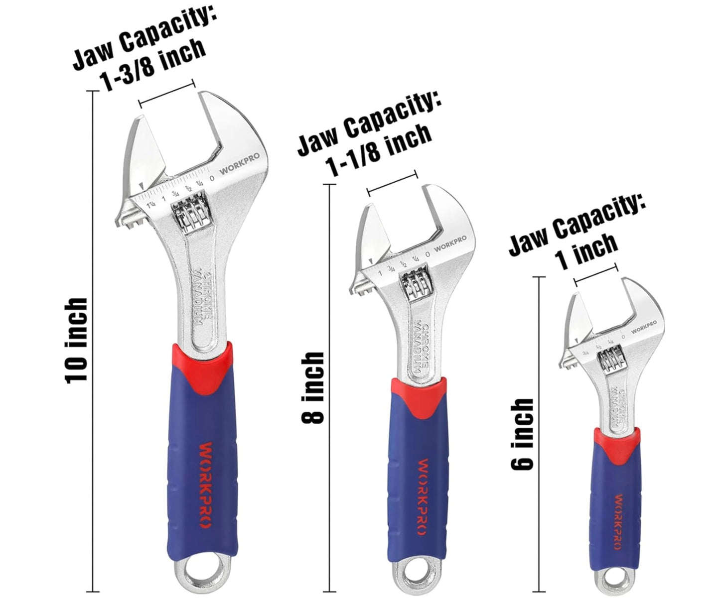 WORKPRO 3-piece Adjustable Wrench Set w/ Rubberized Anti-Slip Grips - 10”, 8”, 6”