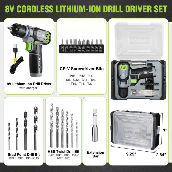 WORKPRO 8V Cordless Power Drill Set w/ Bit Set - 3/8" Keyless Chuck