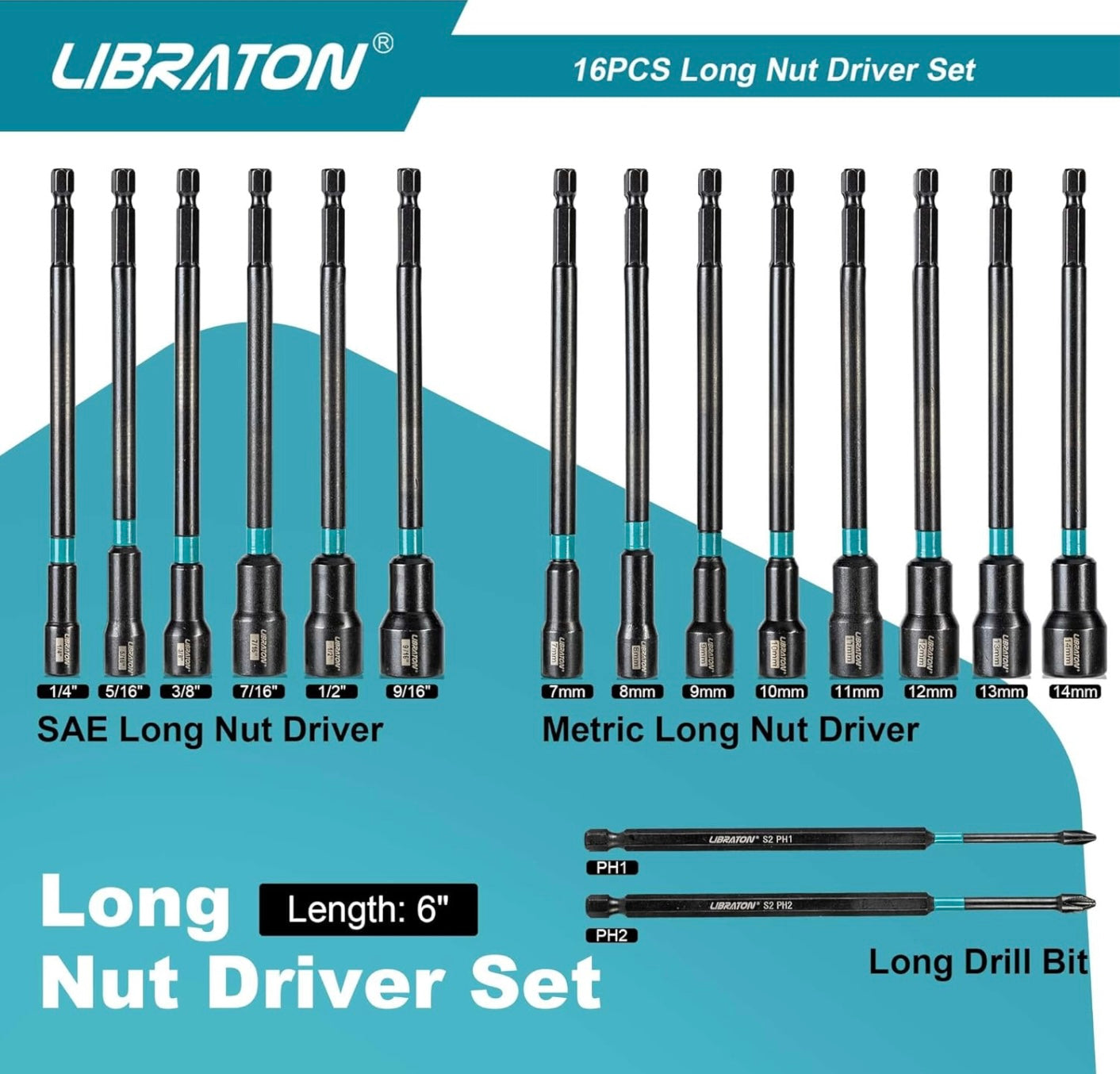 Libraton 16PCS Long Magnetic Nut Driver Set - Metric & SAE w/ Storage Bag + PH1, PH2 Bits