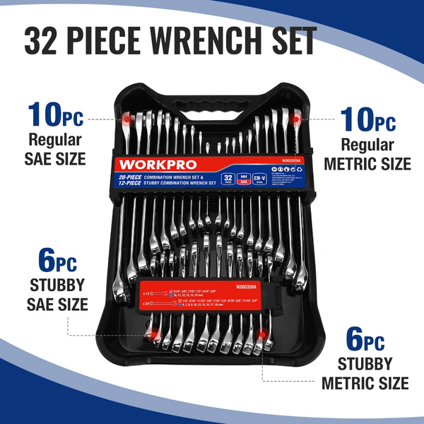 WORKPRO 32Pc SAE/Metric Combination Wrench Set includes 12Pc Stubby Set