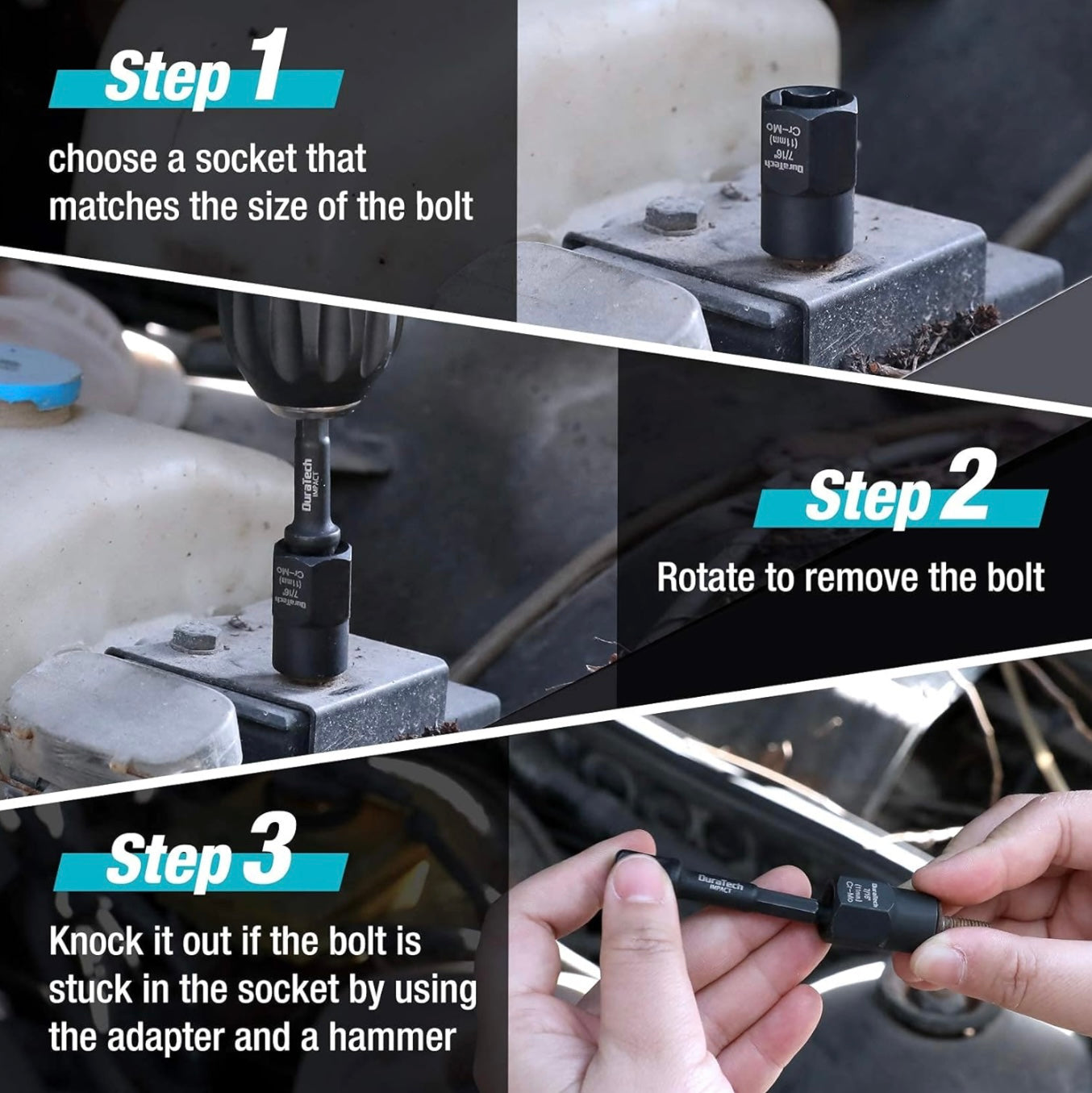 DURATECH 15PC 3/8” Drive Impact Bolt & Nut Remover Set w/ 2 Hex Adapters, Storage Box, SAE & Metric