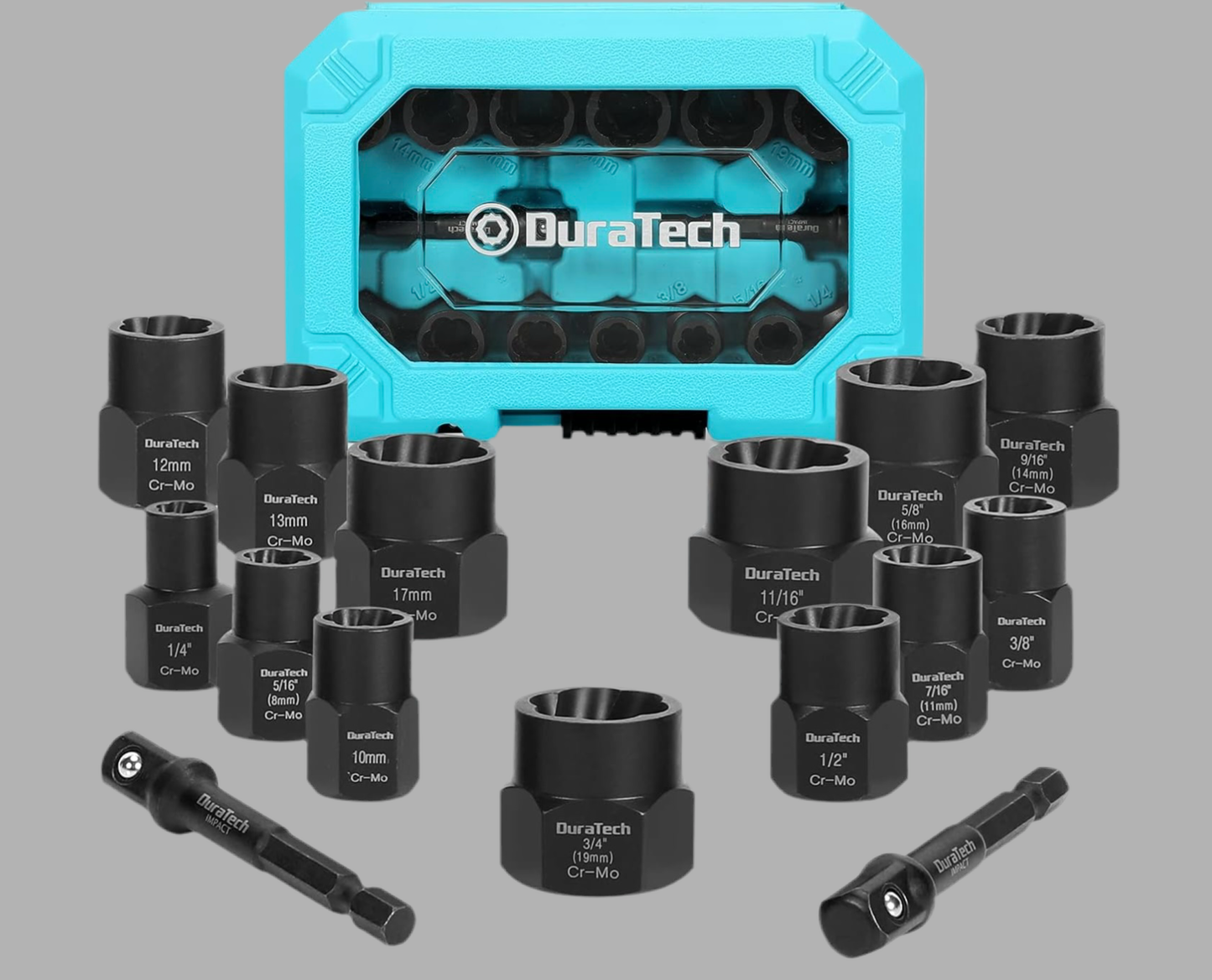 DURATECH 15PC 3/8” Drive Impact Bolt & Nut Remover Set w/ 2 Hex Adapters, Storage Box, SAE & Metric