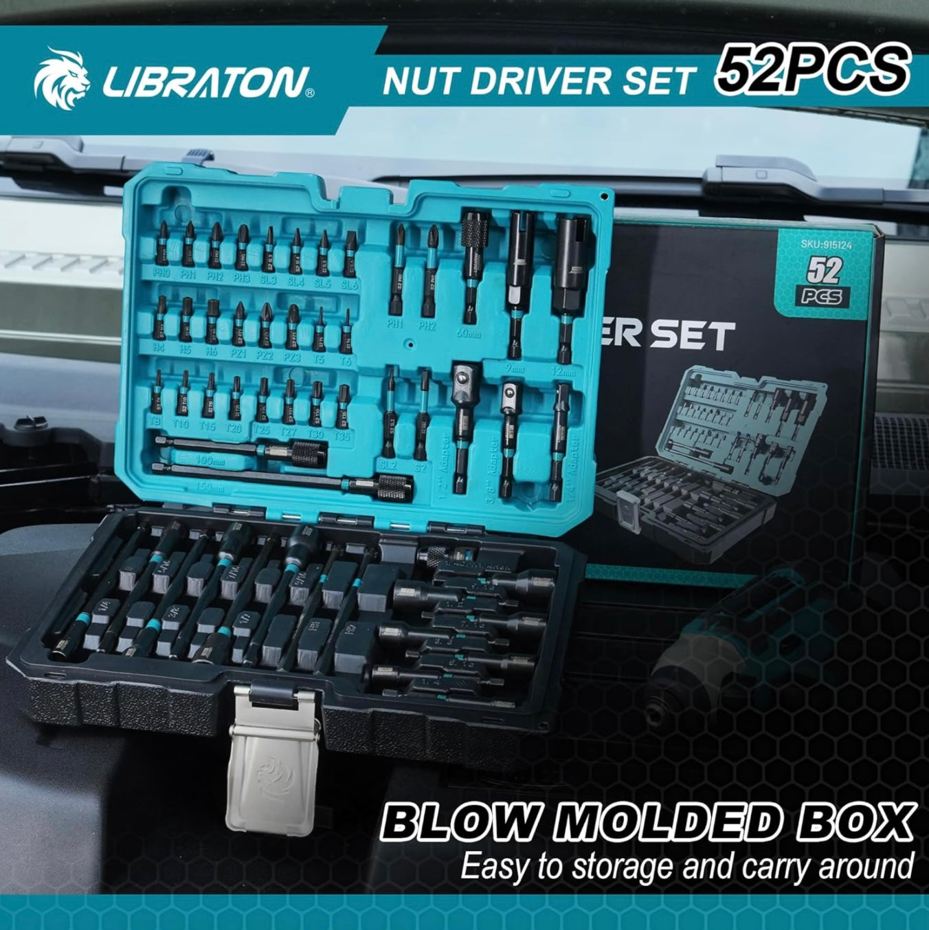 LIBRATON 52PC Magnetic Nut Driver Set - SAE, 1/4" Impact Drill Driver Bit, Nut Drivers for Impact Drill, Hex Converter, Socket Adapters, Screwdriver Bits, Extension, Wing Nut Driver, Storage Box