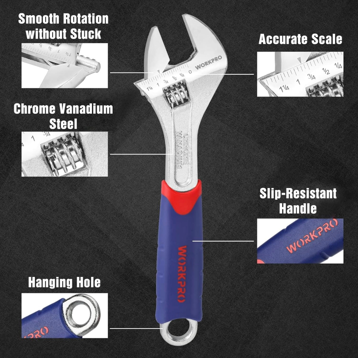 WORKPRO 3-piece Adjustable Wrench Set w/ Rubberized Anti-Slip Grips - 10”, 8”, 6”