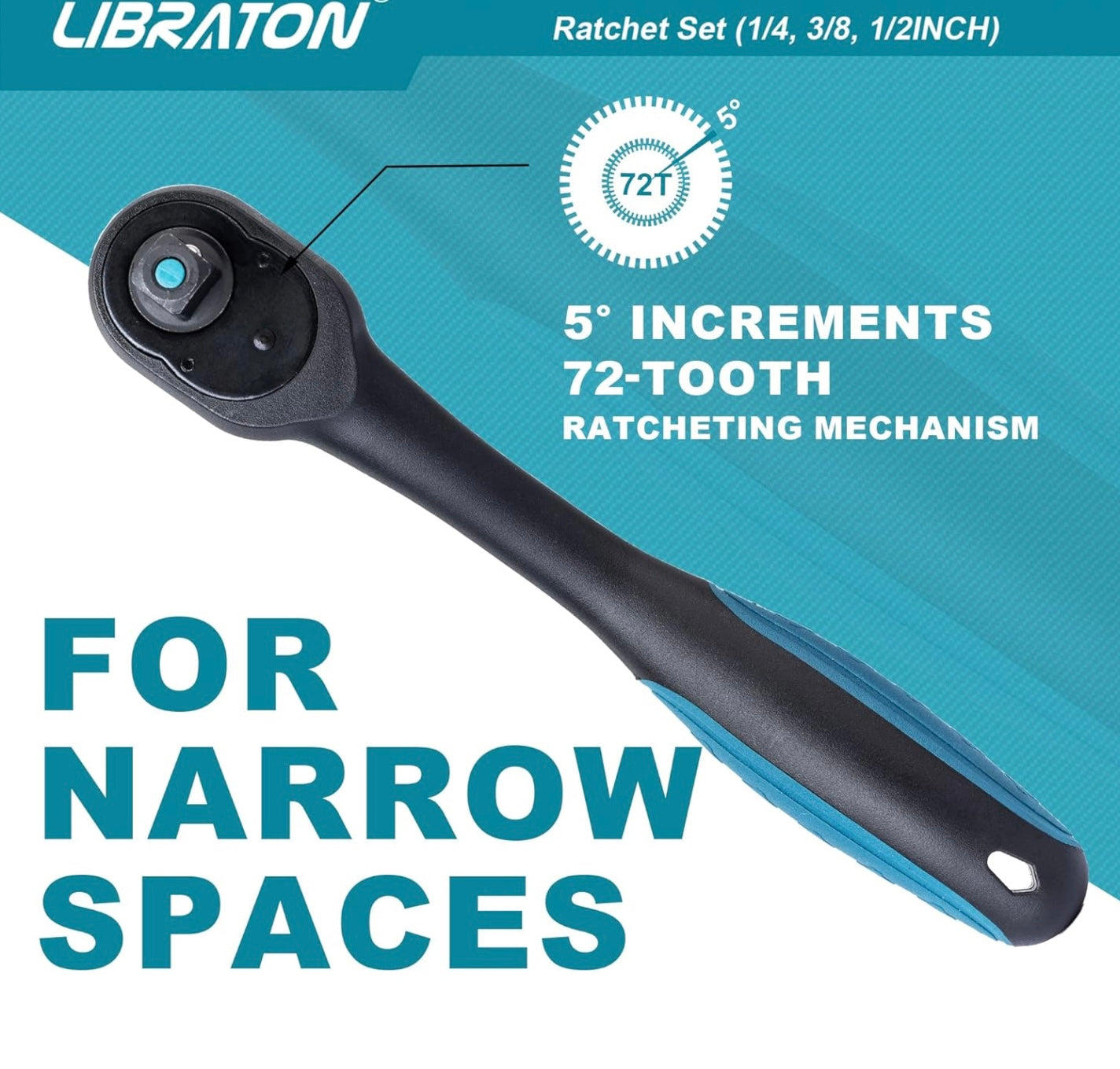 LIBRATON 3PC Heavy Duty Drive Ratchet Socket Wrench Set with Quick-Release Head, 72 Teeth, Reversible Design, Comfort Grip - 1/4”, 3/8”, 1/2”