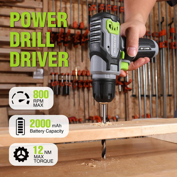 WORKPRO 8V Cordless Power Drill Set w/ Bit Set - 3/8" Keyless Chuck