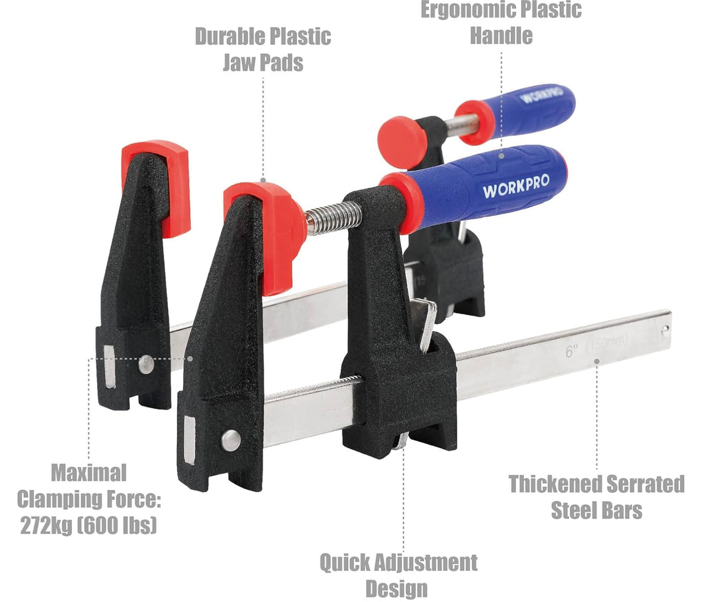 WORKPRO 2Pk 6”/12” Quick-Release Steel Bar Clamps Set w/ 2-1/2" Throat