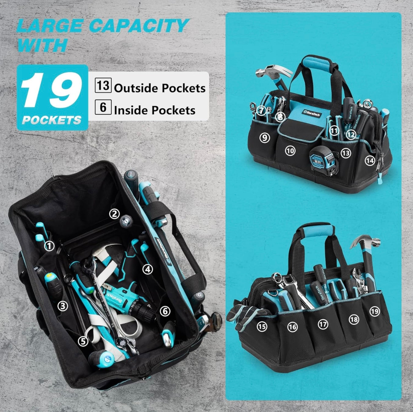 DURATECH 18” Large Tool Bag w/ 19 Pockets, Waterproof Hard Bottom