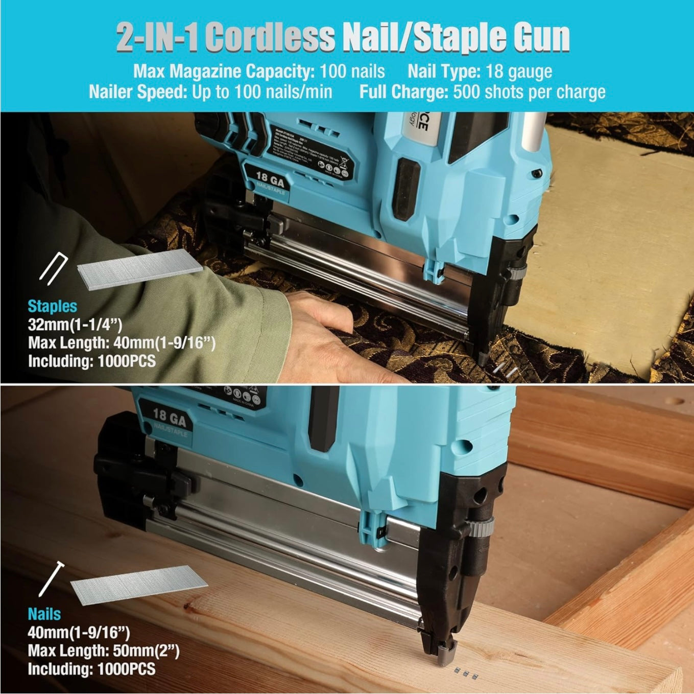 DURATECH 20V 2-in-1 Cordless Brad Nailer w/ 2.0Ah Rechargeable Battery, 1H Quick Charger, 1000 Staples, 1000 Nails, Carrying Case