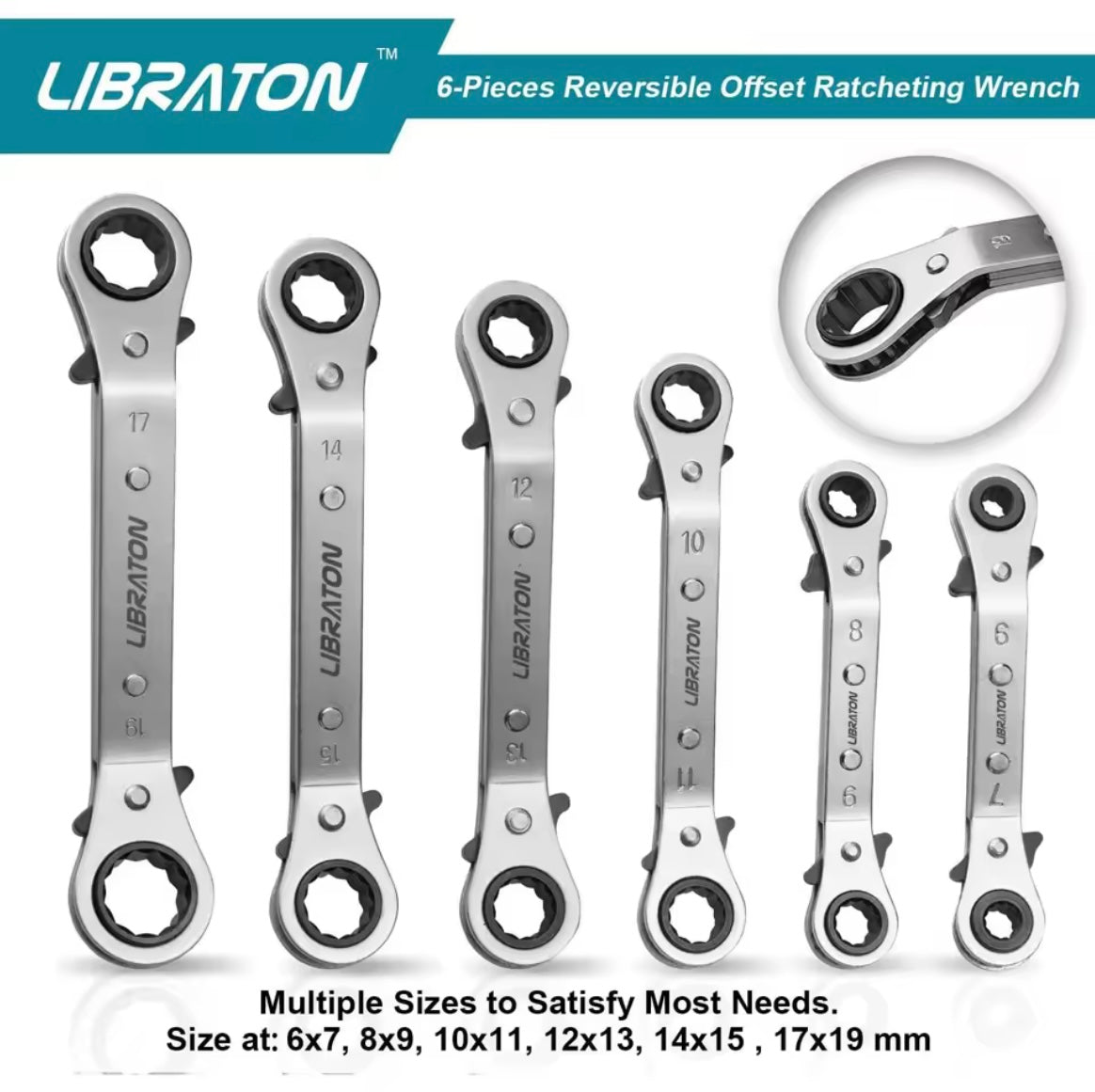 LIBRATON 6PC Reversible Offset Wrench Set - Metric w/ Storage Organizer Box