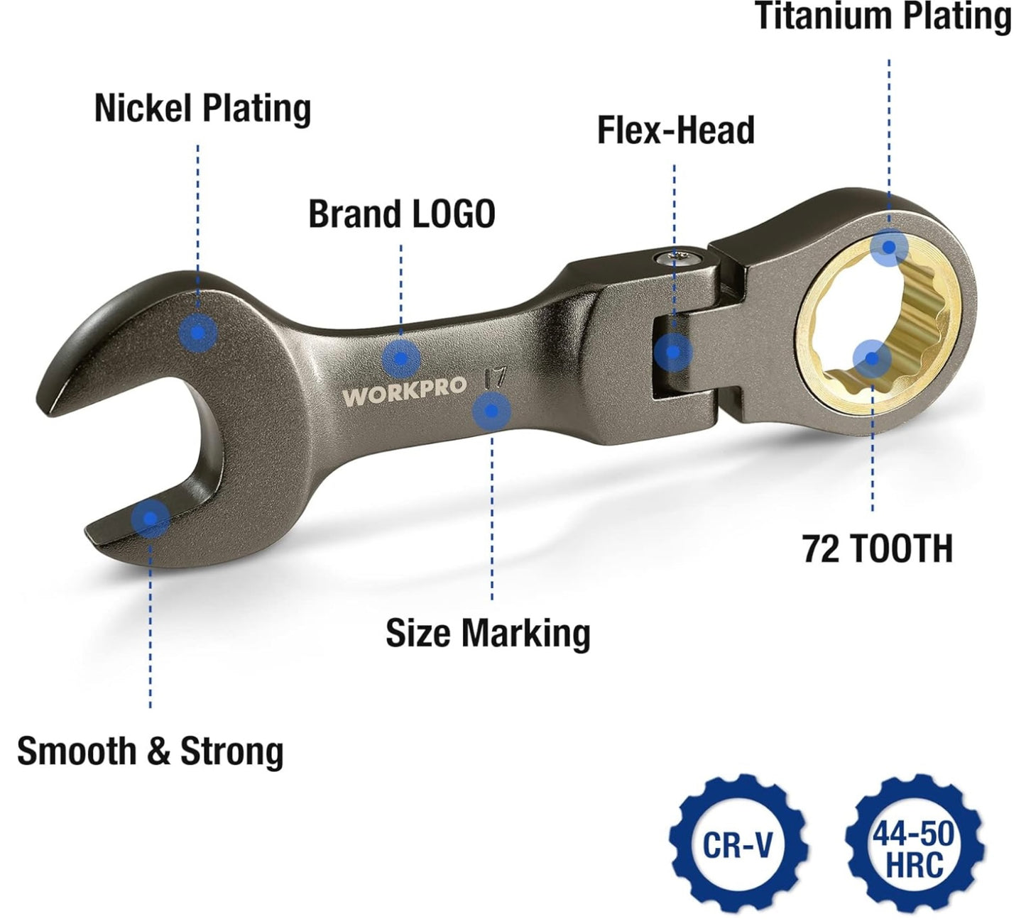 WORKPRO 8PC Flex Head Stubby Ratcheting Combination Wrench Set, Metric 9, 10, 11, 12, 13, 14, 15, 17 mm, w/ Rolling Pouch