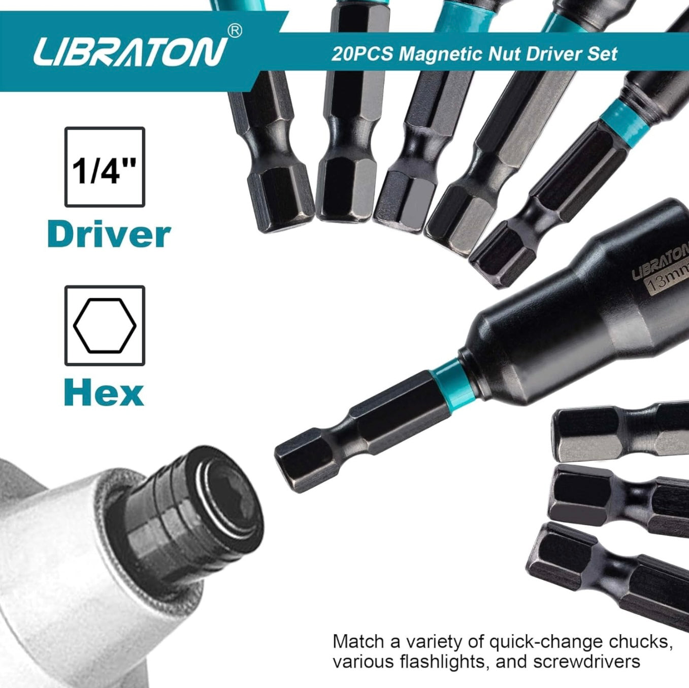 Libraton 20PC 1/4” Magnetic Nut Driver Set, Metric and SAE, w/ Storage Bag