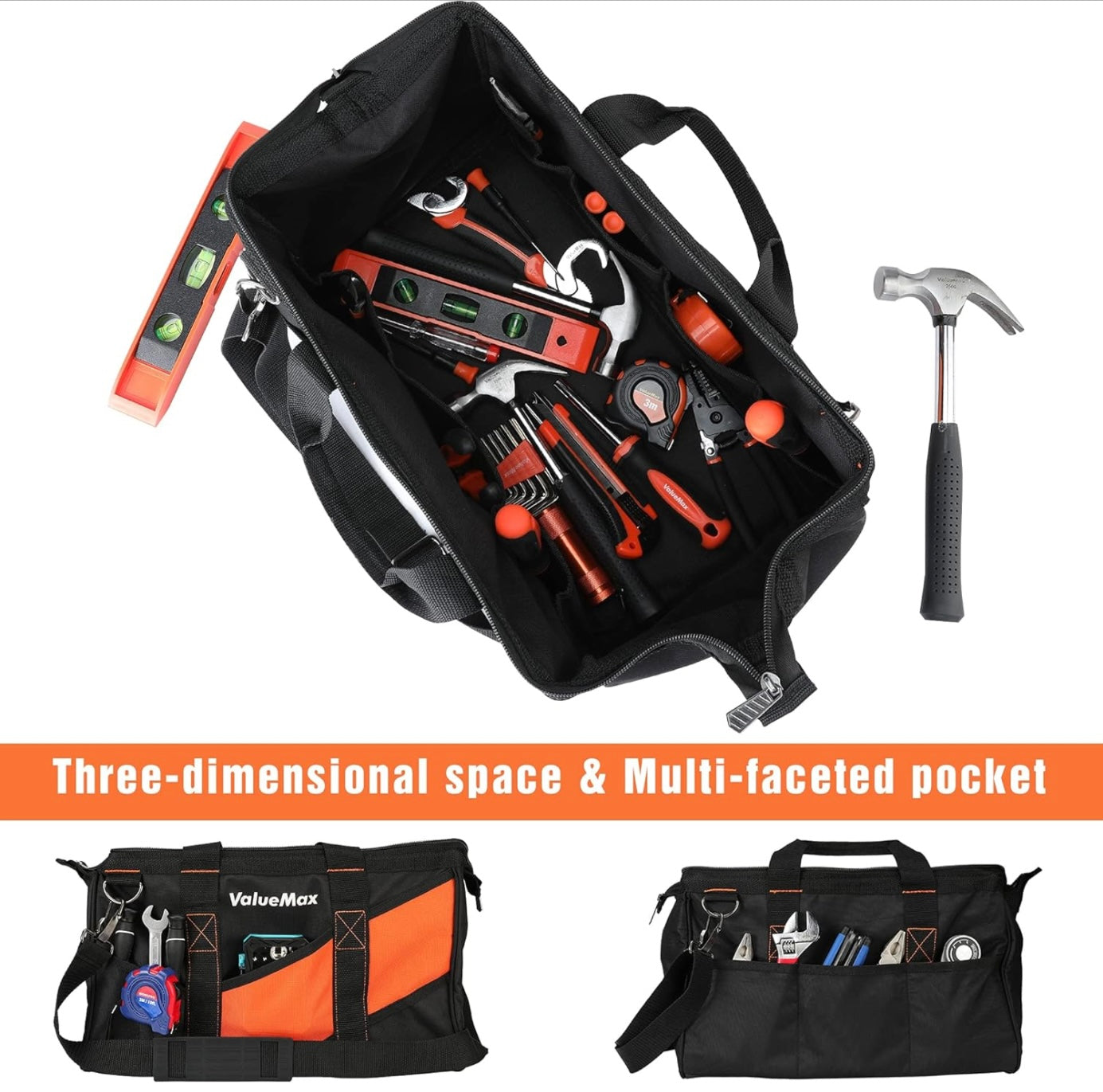 ValueMax 16” Heavy-Duty Wide Mouth Tool Bag w/ Shoulder Strap, 13 Pockets