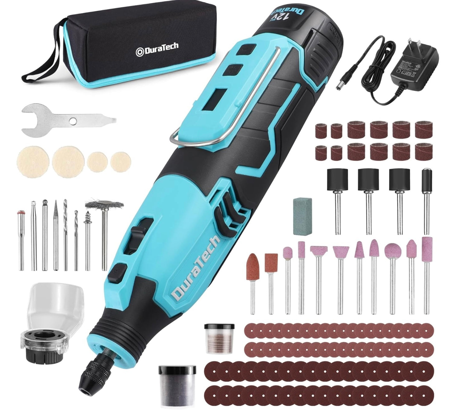 DURATECH 121PC 12V Cordless Rotary Tool Kit w/ 2.0Ah Rechargeable Battery, 118PC Accessories for Grinding, Carving, Polishing, Cutting, Drilling, Sanding, Milling