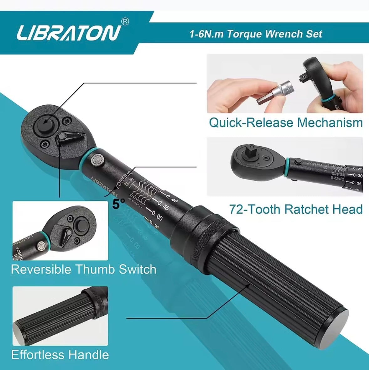 LIBRATON 14PC 1/4” Drive ClickTorque Wrench Set, 1-6N.m w/ Hex Bits, Torx Bits, Sockets, 1/4” Extensions