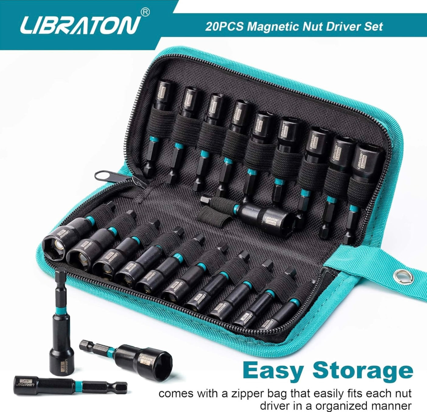 Libraton 20PC 1/4” Magnetic Nut Driver Set, Metric and SAE, w/ Storage Bag