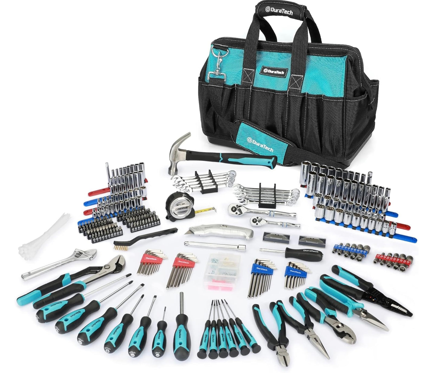 DURATECH Socket Wrench and Home Repair Hand Tool Kit w/ Wide Open Mouth Tool Bag