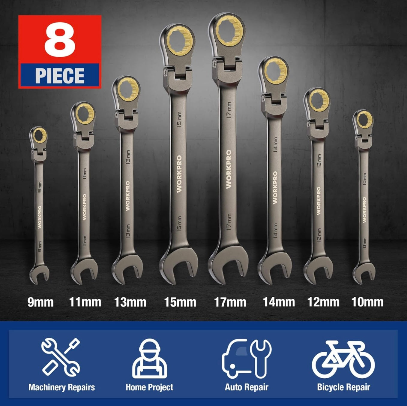 WORKPRO 8-piece Flex-Head Ratcheting Combination Wrench Set w/ Organizer Bag, Metric 9-17 mm