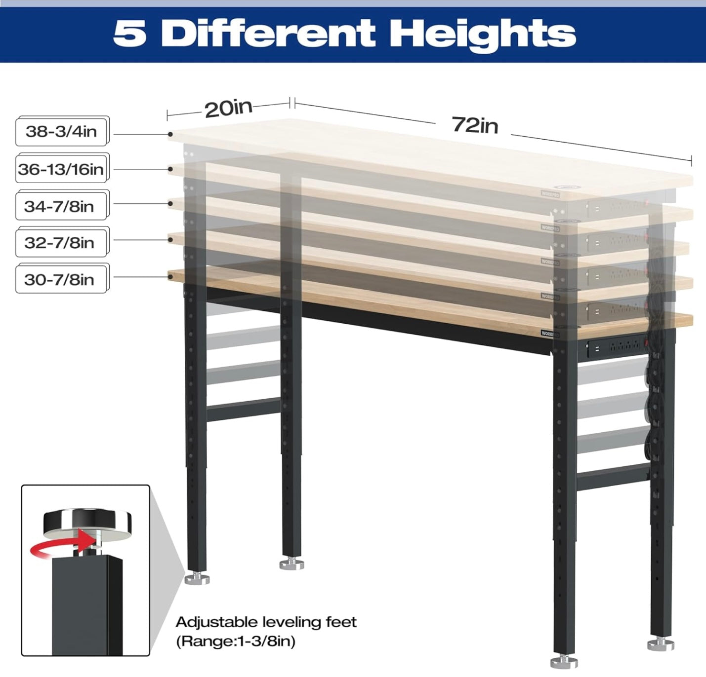 WORKPRO 72" Adjustable Workbench w/ Power Outlets, Rubberwood Top, 300 LBS Load Capacity