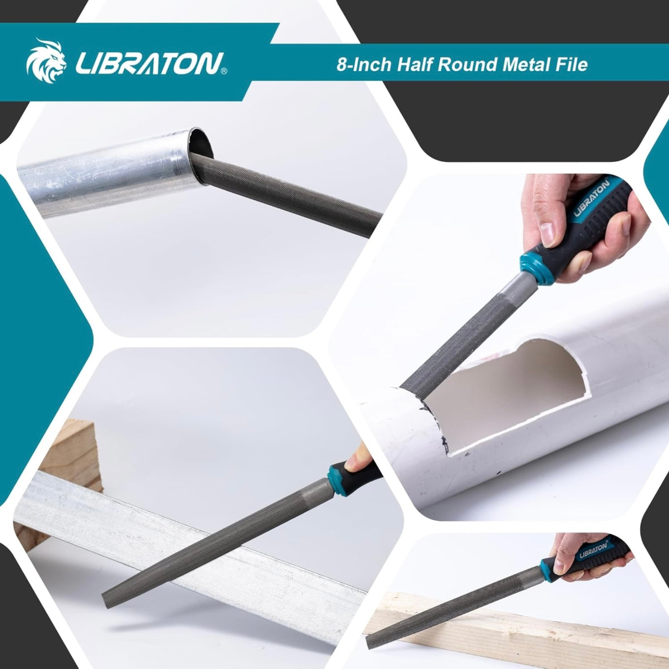 LIBRATON 8” Half Round Metal File w/ Ergonomic Handle