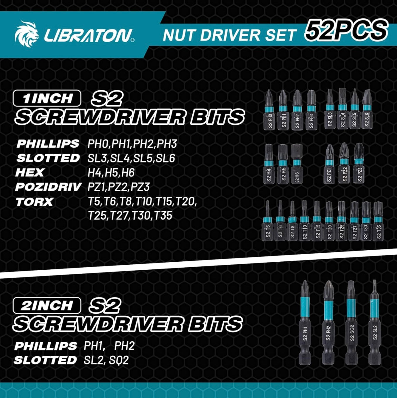 LIBRATON 52PC Magnetic Nut Driver Set - SAE, 1/4" Impact Drill Driver Bit, Nut Drivers for Impact Drill, Hex Converter, Socket Adapters, Screwdriver Bits, Extension, Wing Nut Driver, Storage Box