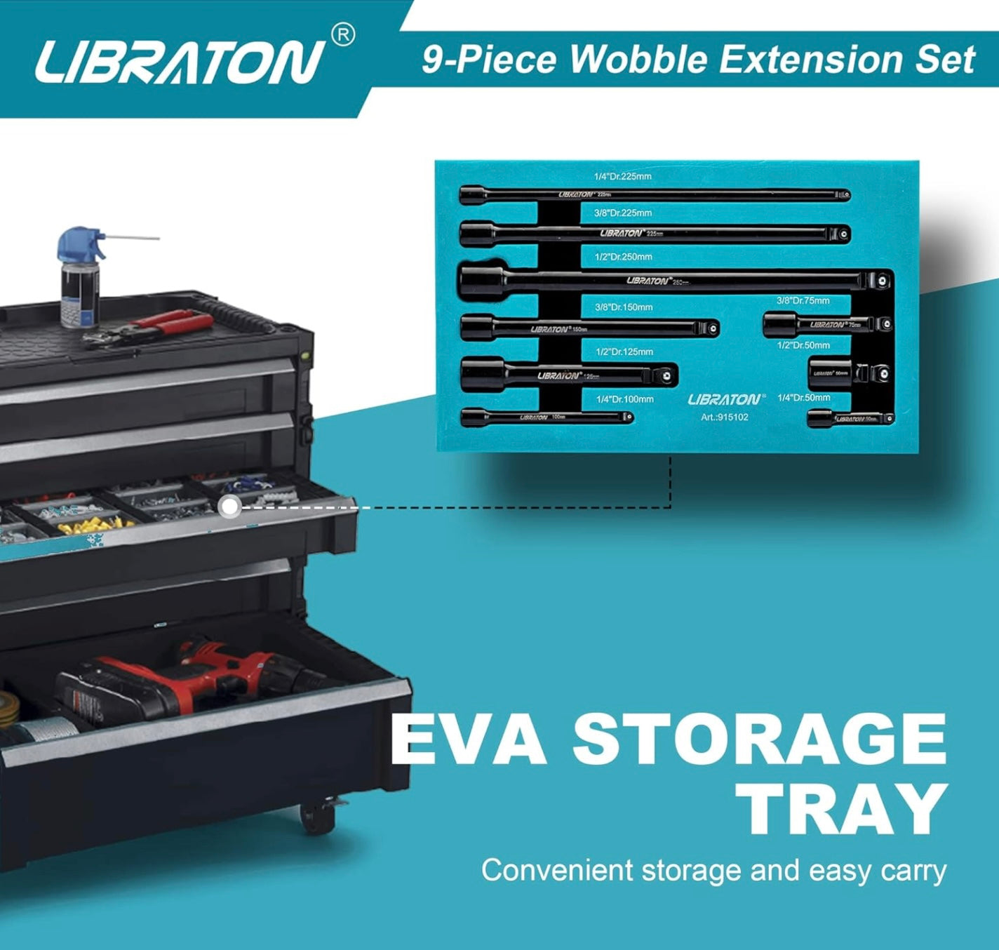 Libraton Wobble Socket Extension Set w/ EVA Storage Tray - 1/4”, 3/8”, 1/2”