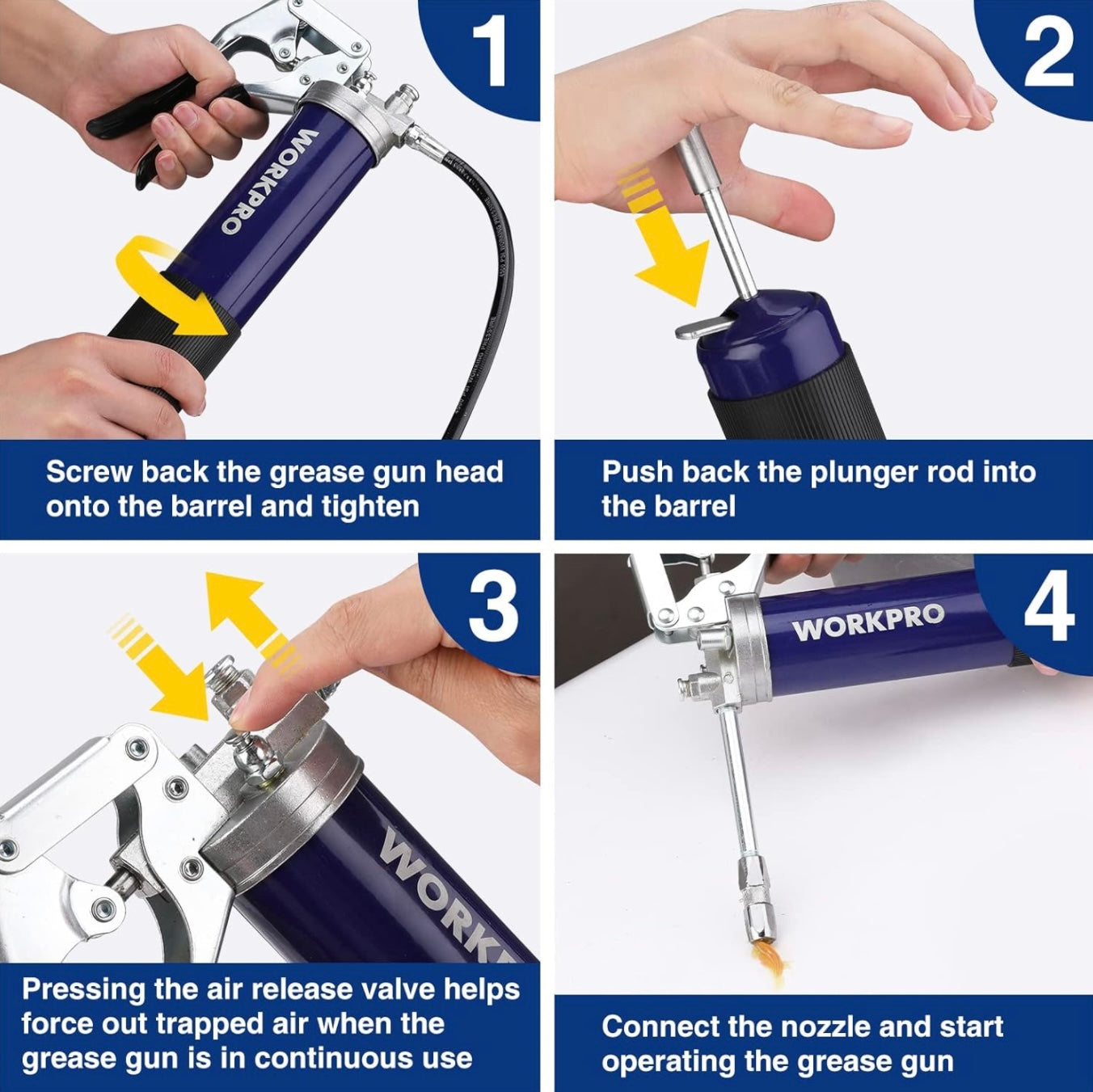WORKPRO 6000PSI Grease Gun Kit w/ 18inch Flexible Hose, 2 Fixed Tubes & 3 Nozzles, 14oz Load