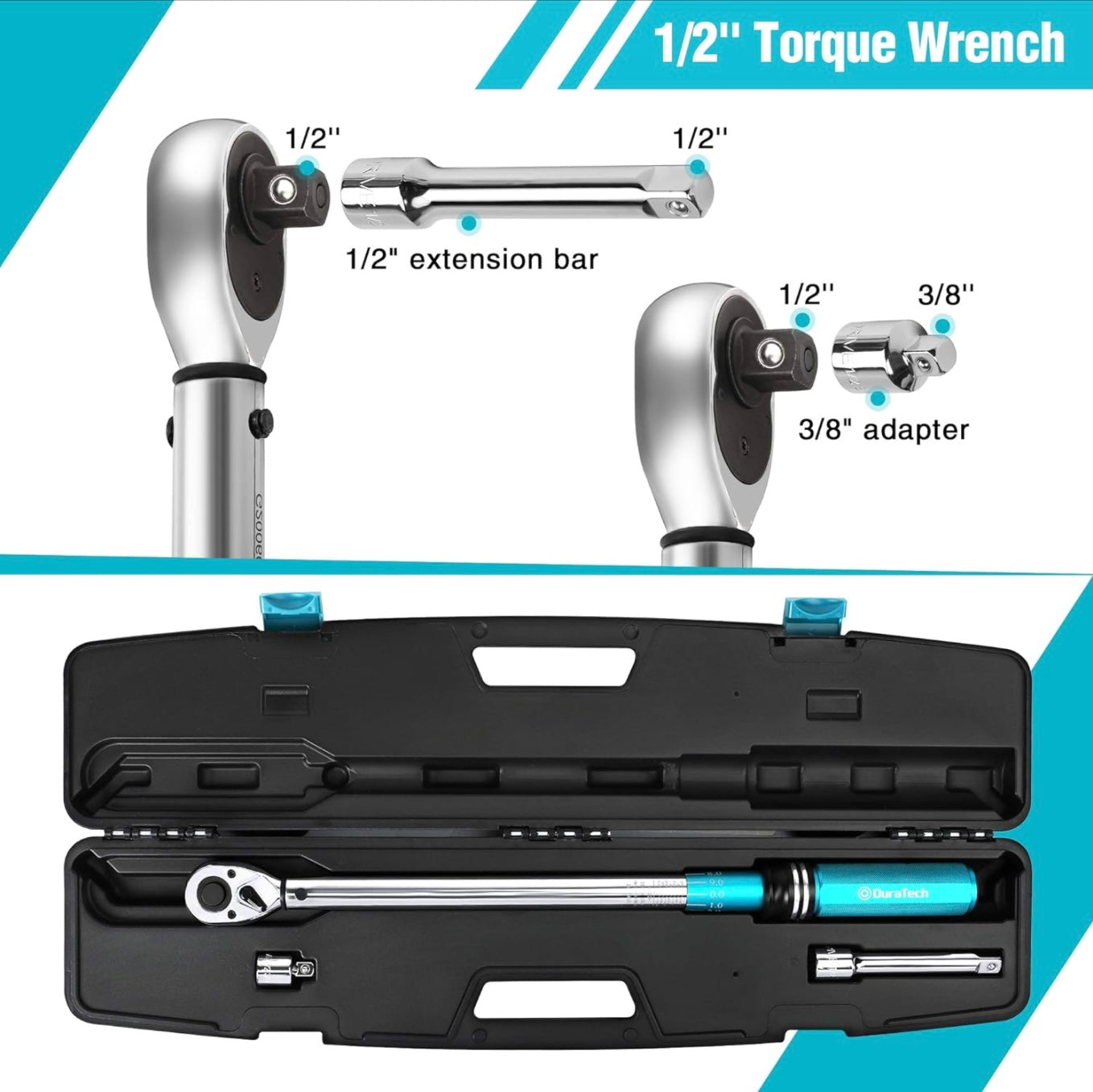 DURATECH 1/2-Inch Drive Click Torque Wrench, 30-160 Ft-lb, w/ Socket Adapter, Extensions Bar, Storage Case