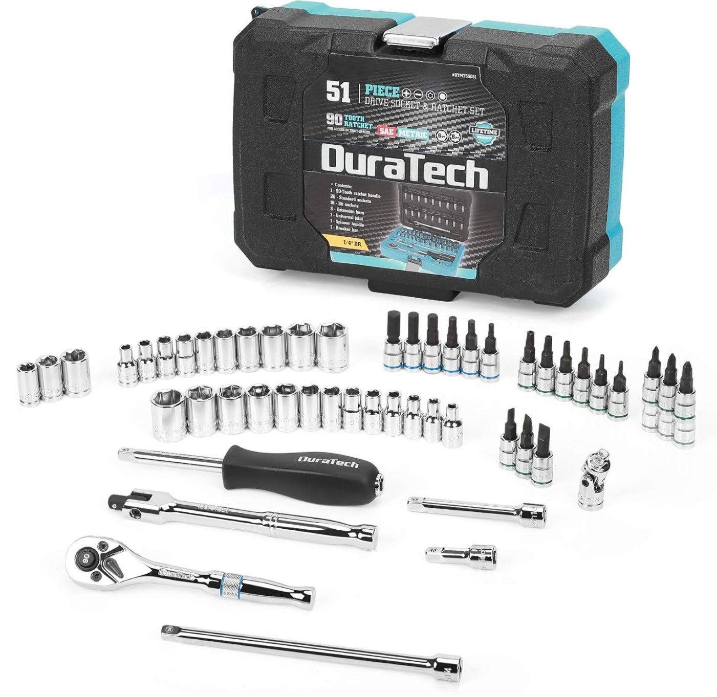 DURATECH 51PC 1/4" Drive SAE & Metric Socket Set, Bit Sockets, Ratchet, Universal Joint